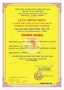 GIấy chứng nhận cơ sở đủ điều kiện an toàn thực phẩm